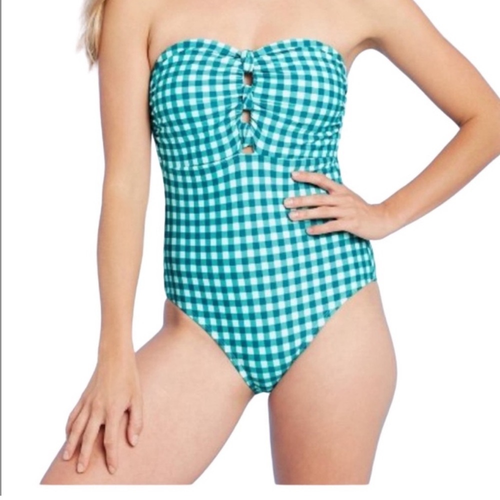 Womens Swim Green Checkered Swimsuit